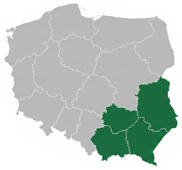 Mapa zasięgu usług budowlanych obejmująca województwa: podkarpackie, małopolskie, świętokrzyskie i lubelskie.
