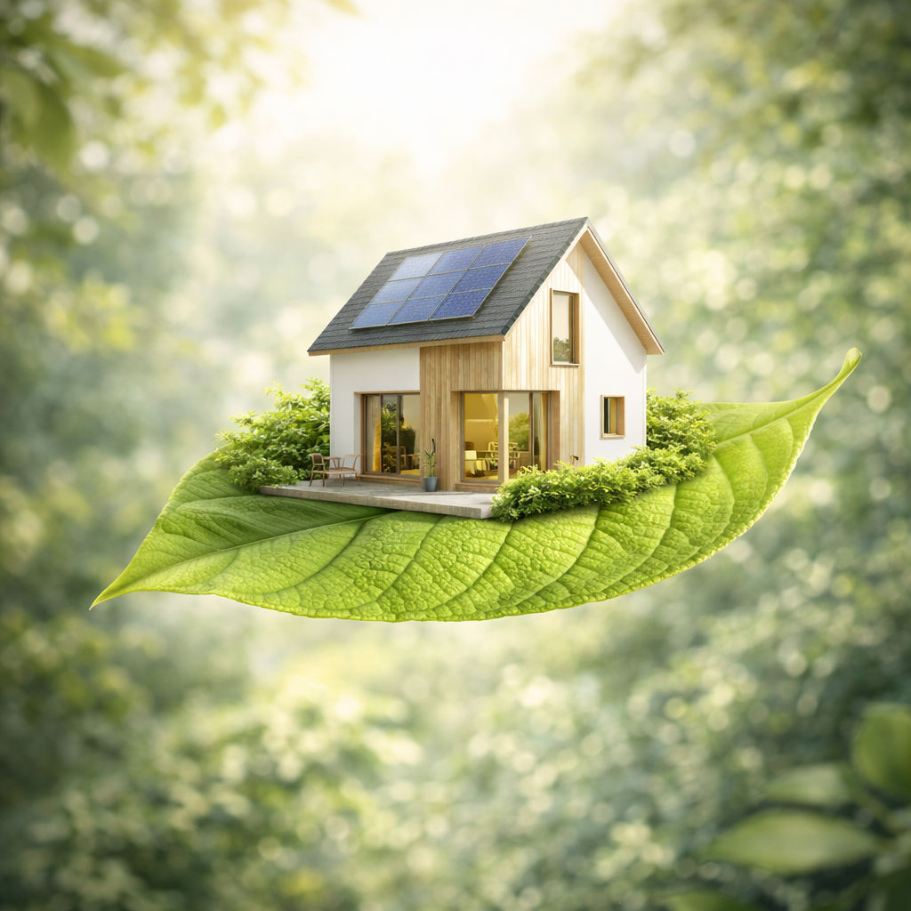Wizualizacja nowoczesnego domu energooszczędnego na zielonym liściu.