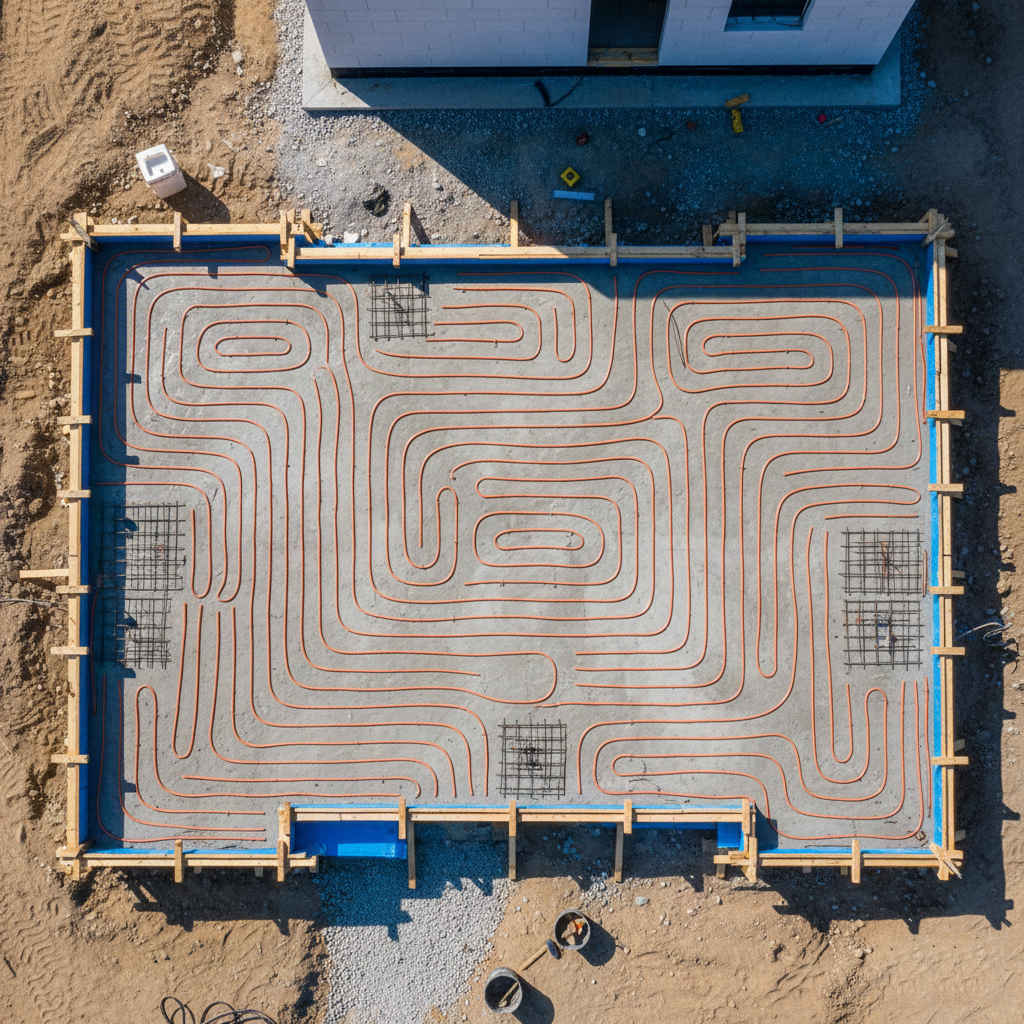 Widok z drona na instalację ogrzewania podłogowego rozłożoną na płycie fundamentowej.