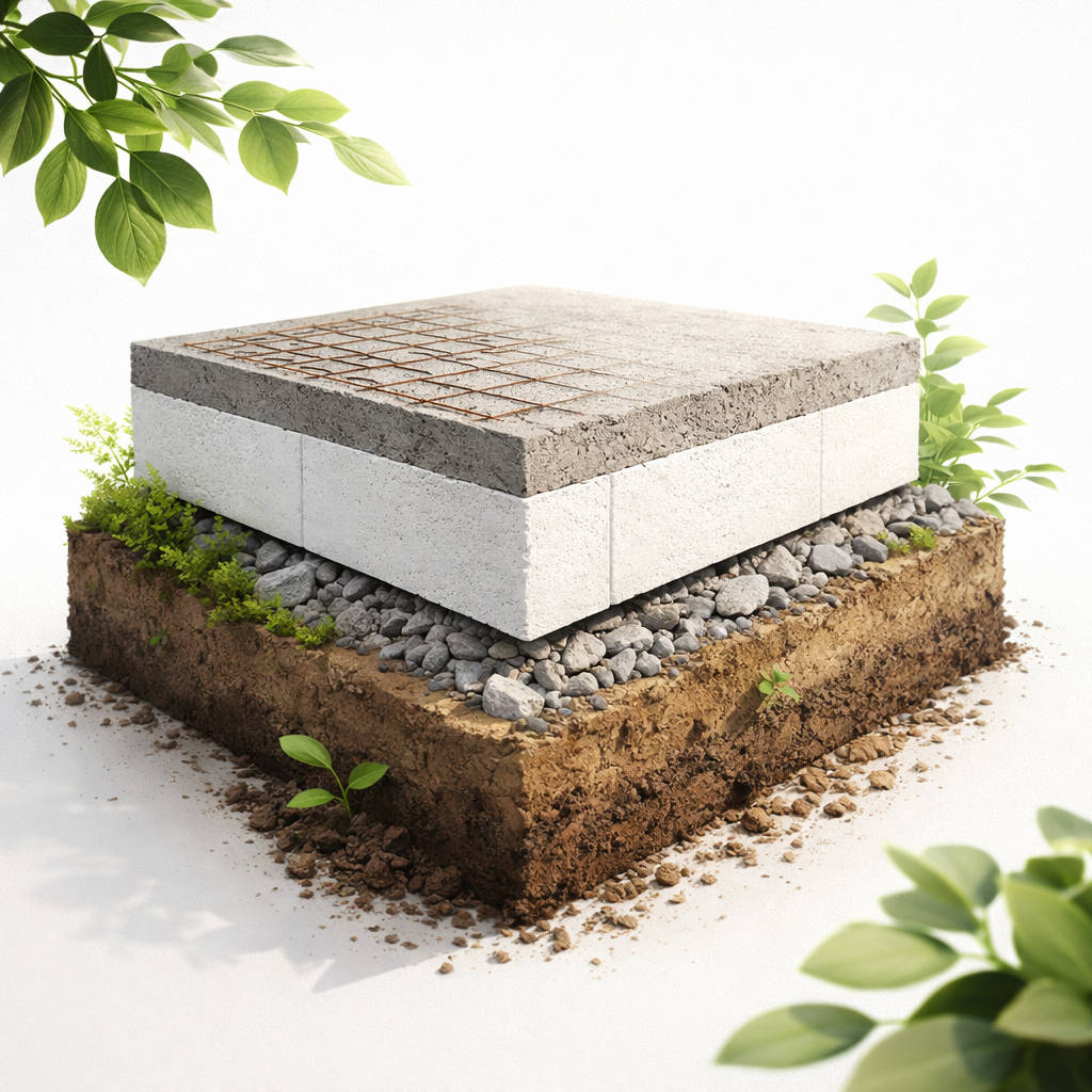 Płyta fundamentowa z motywem zielonych liści na białym tle.