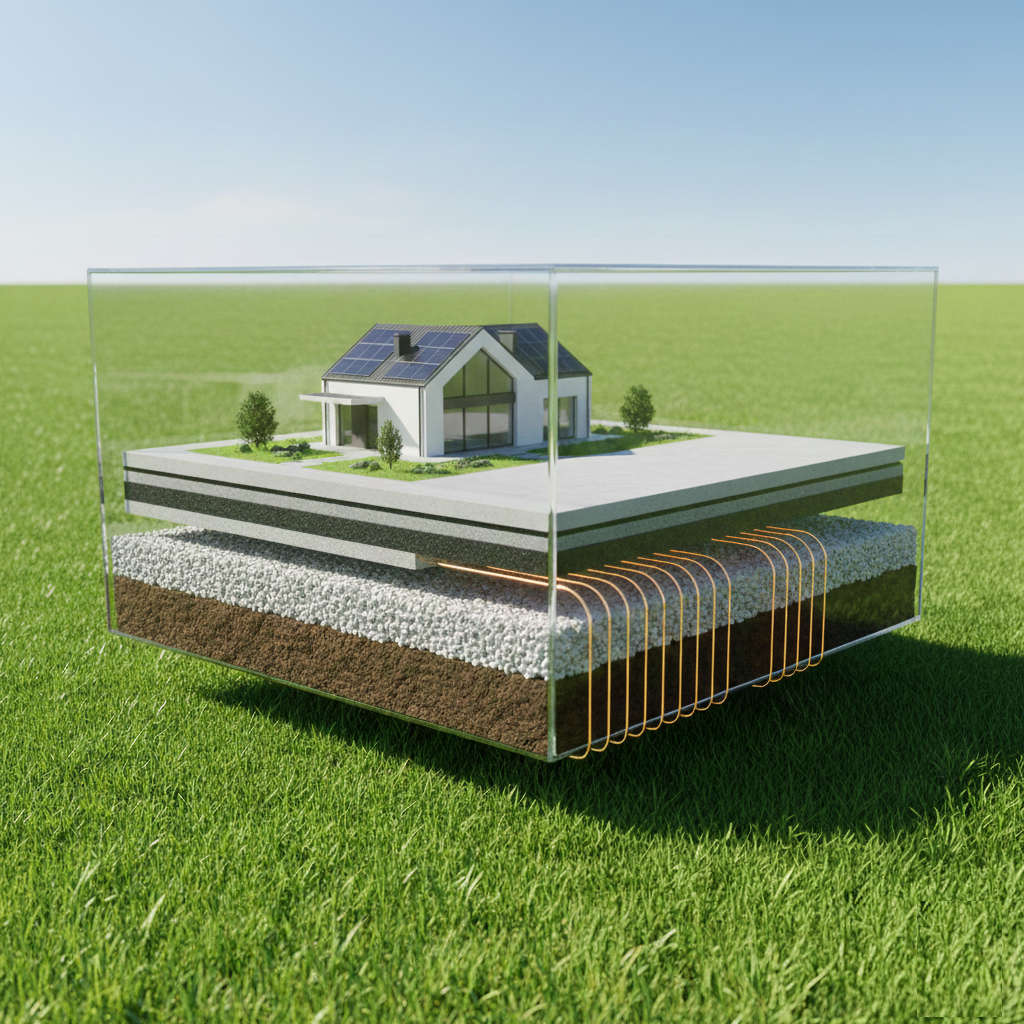 Wizualizacja domu na płycie fundamentowej ze zbrojeniem, przedstawiona w szklanej formie na trawie.